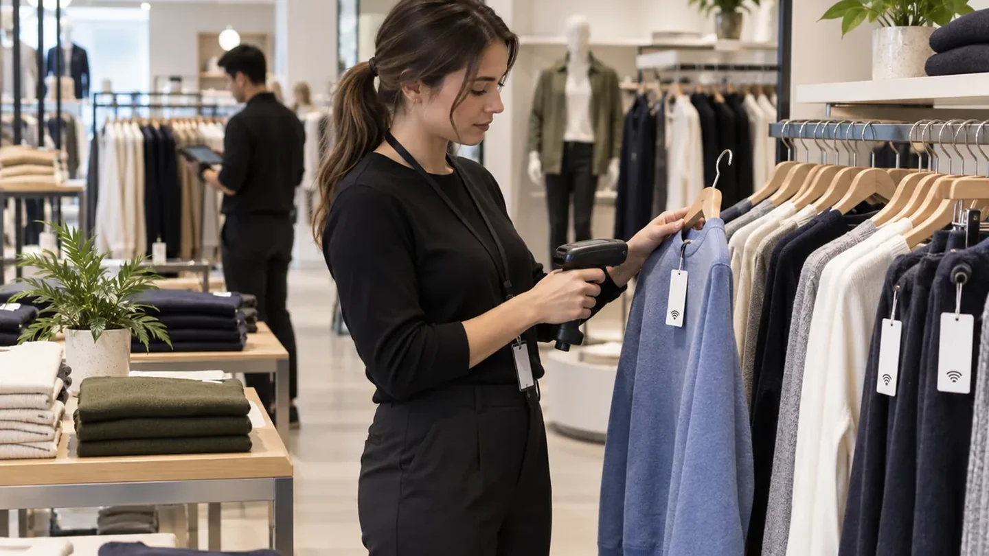 Store staff using an RFID handheld device to read apparel hangtags fitted with RFID labels