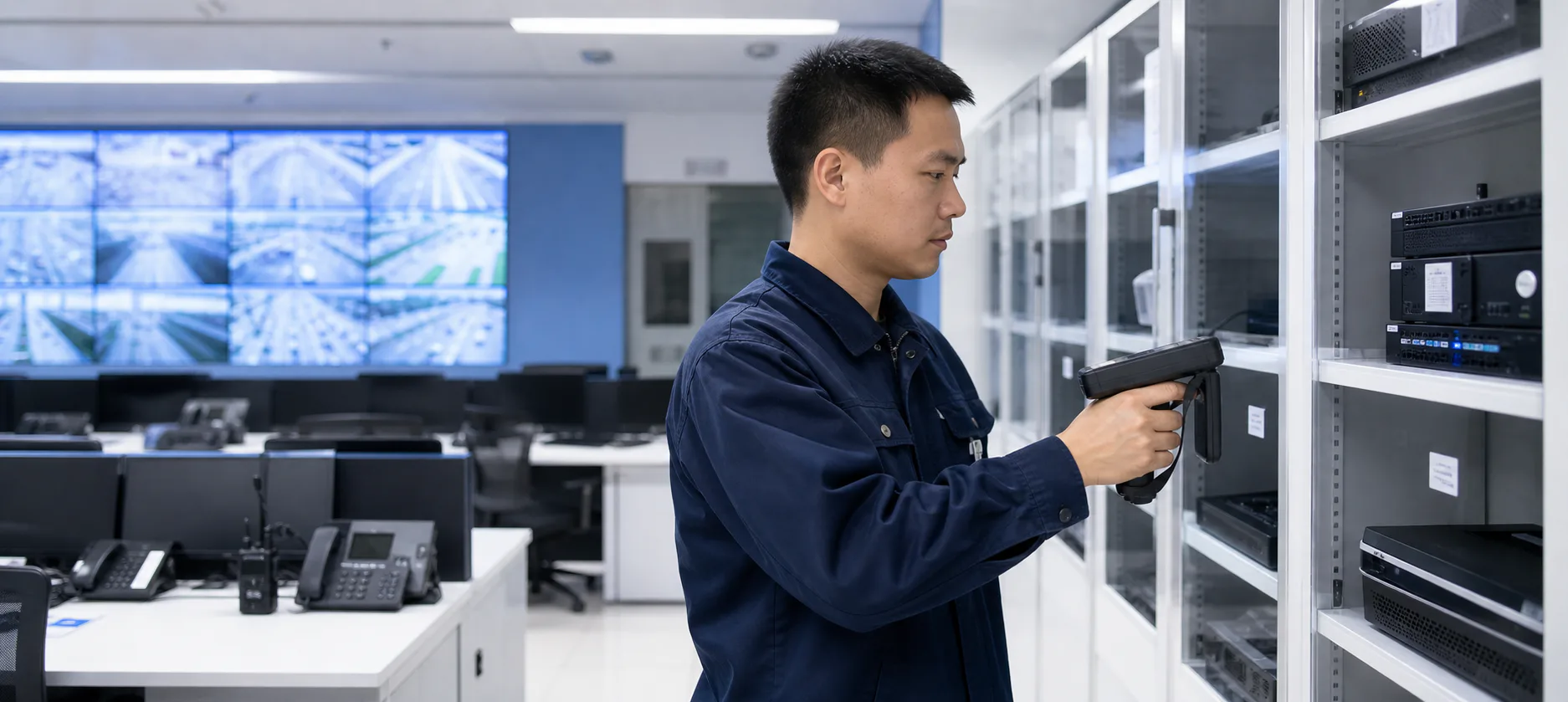 高速公路管理中心工作人员使用RFID手持终端盘点固定资产