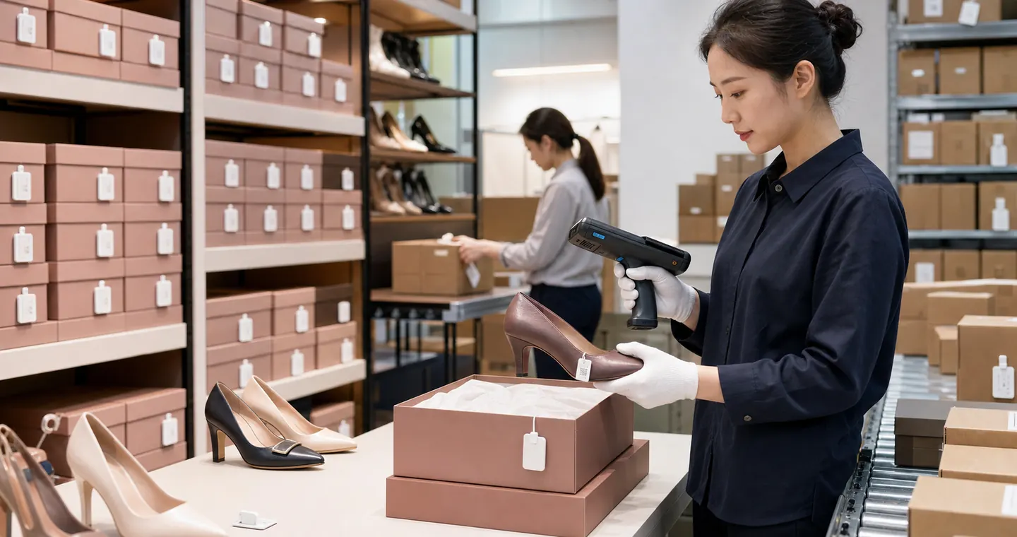女鞋电商仓库内质检人员使用RFID手持终端核验商品