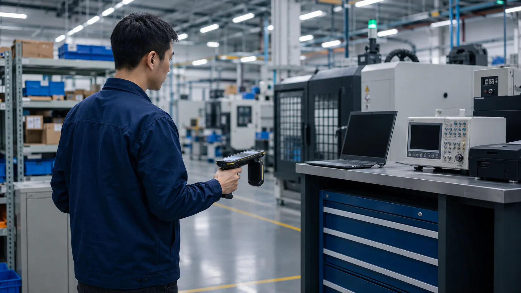 制造企业人员使用 RFID 手持终端盘点固定资产