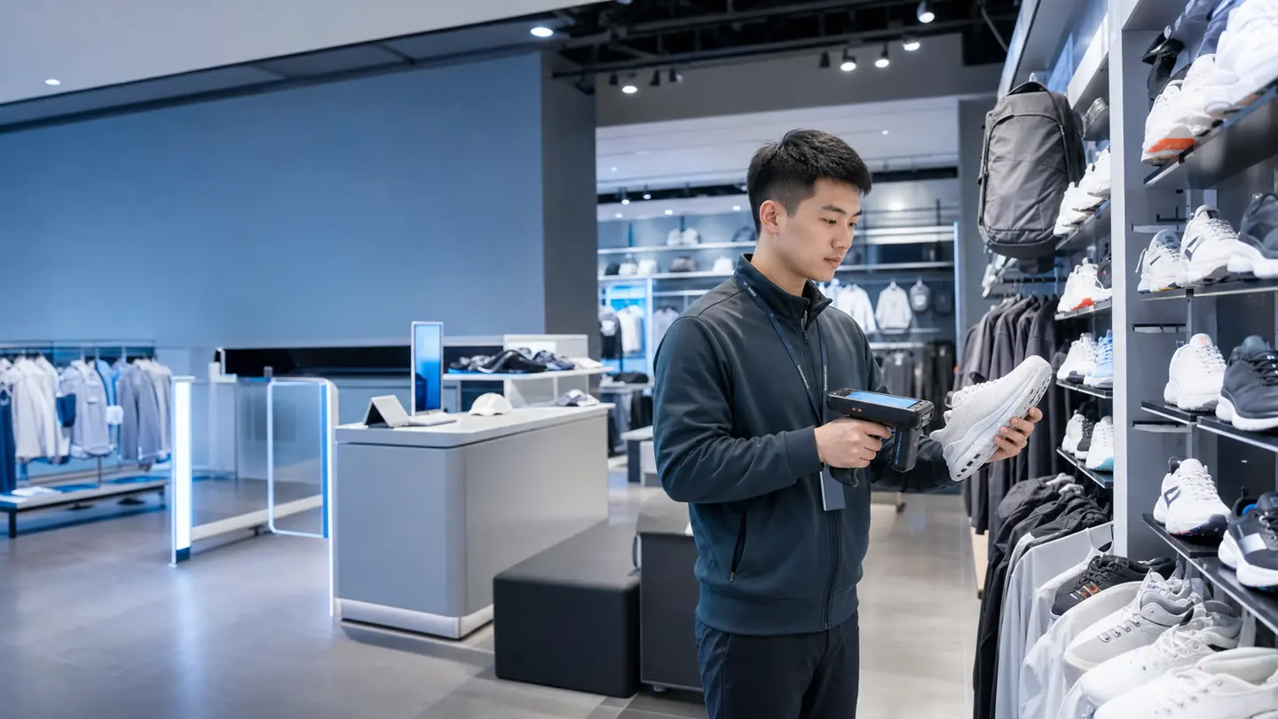 运动品牌门店员工使用RFID手持终端盘点运动鞋商品