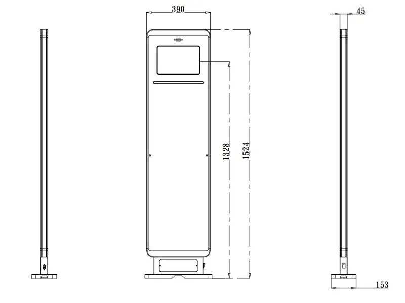 YL-GT200 slim upright RFID security gate front and side dimensions